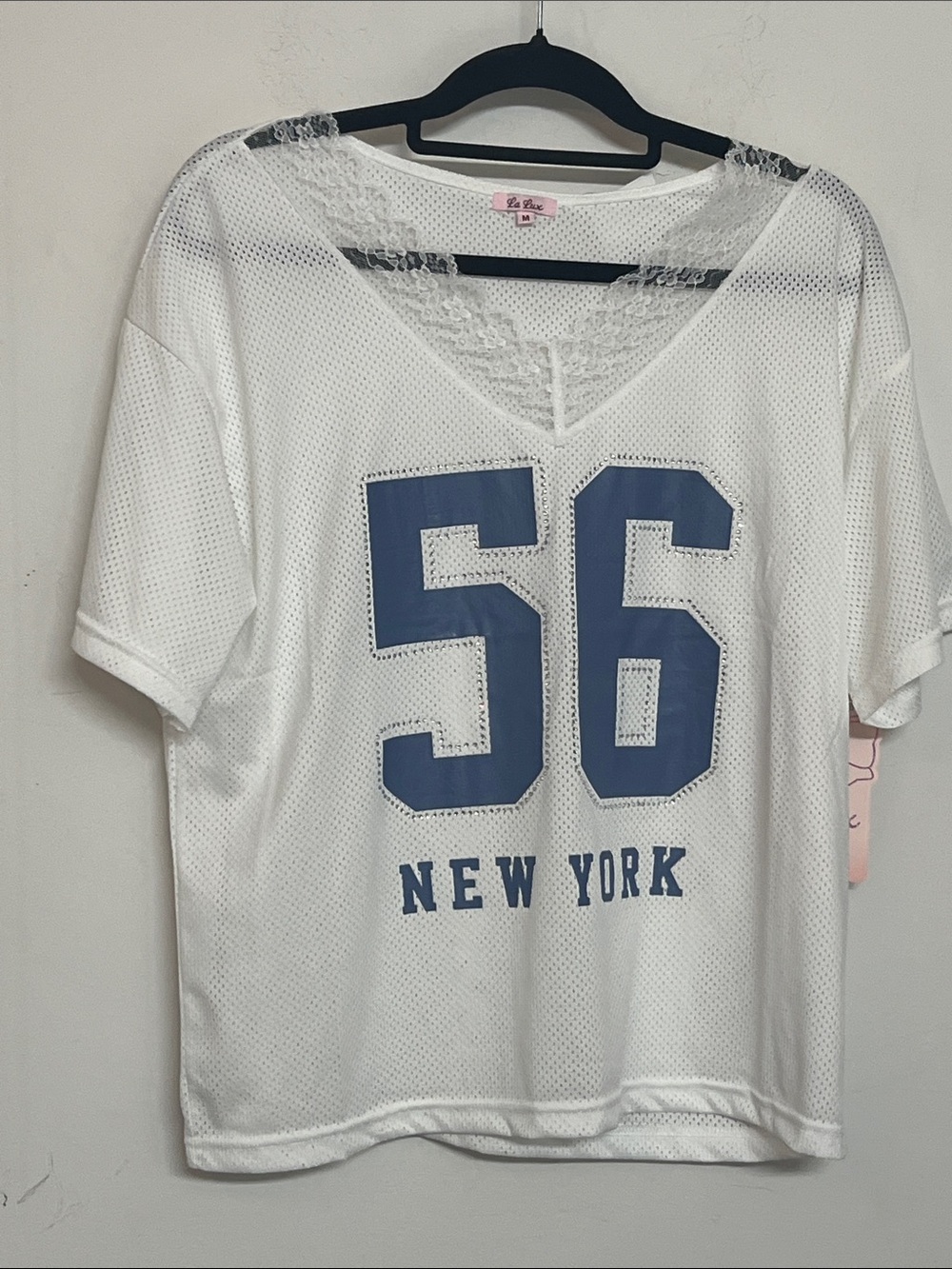 🌞 La Lux White Mesh '56 New York' oversized Sporty V-Neck Top women size M
